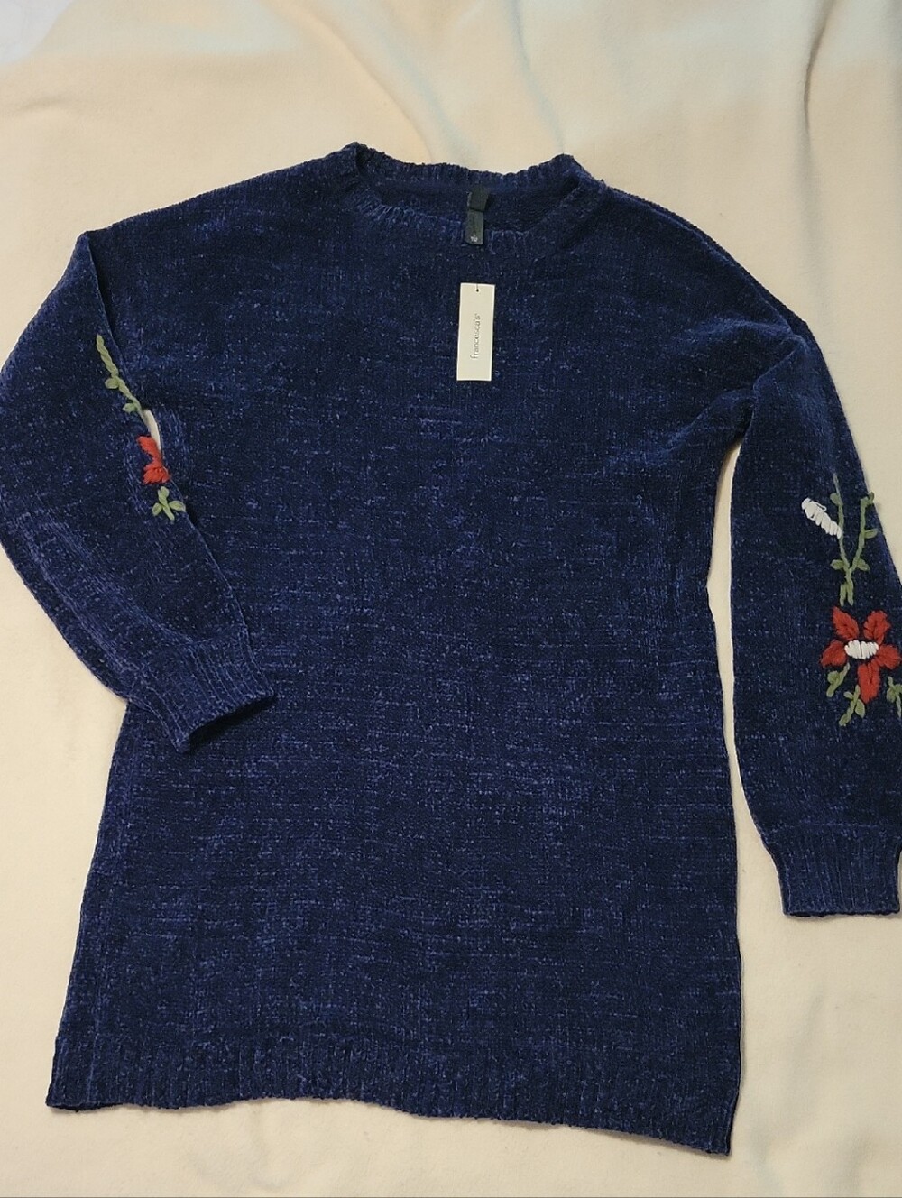 Francesca's Collections Navy Blue Chenille Crewneck Sweater with Floral Sleeves
